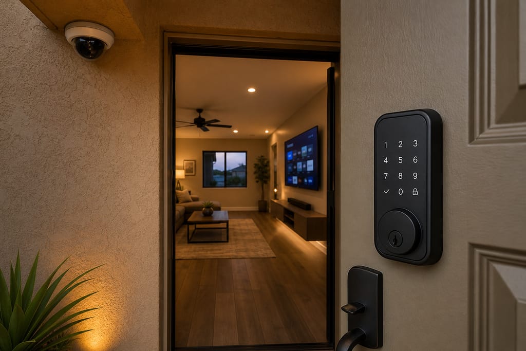 Weather-rated exterior locks and cameras photo